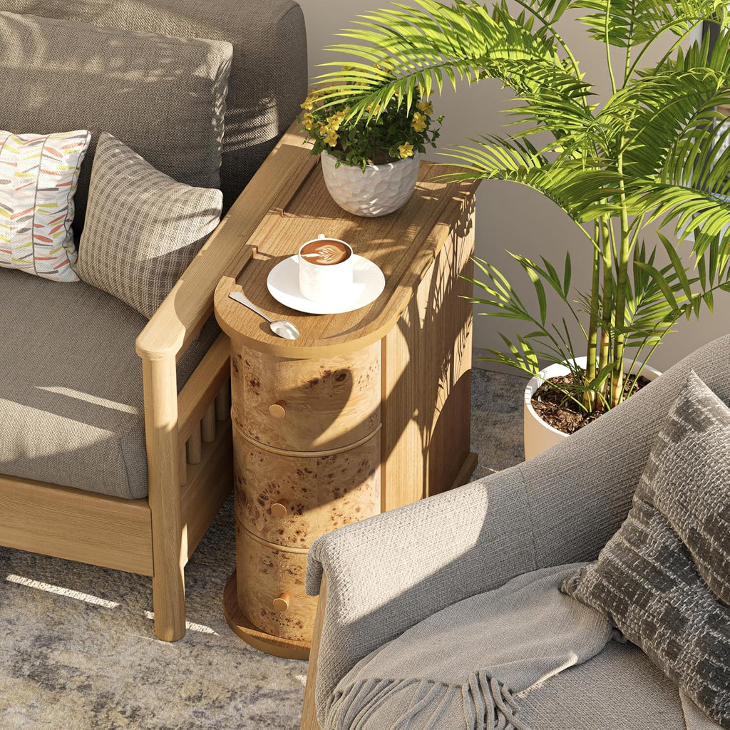 COZAYH 3-Drawer Wood Farmhouse End Table with Burl Finish, Narrow Rustic Sofa Side Tables with Metal Knobs, Slim Bedside Table with Back Storage Space for Living Room, Bedroom (Natural Burl)